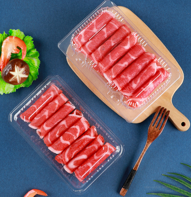 Single-use meat slice box, beef roll pork slice box, lamb roll box, thick fresh packaging box, black background plastic packaging box
